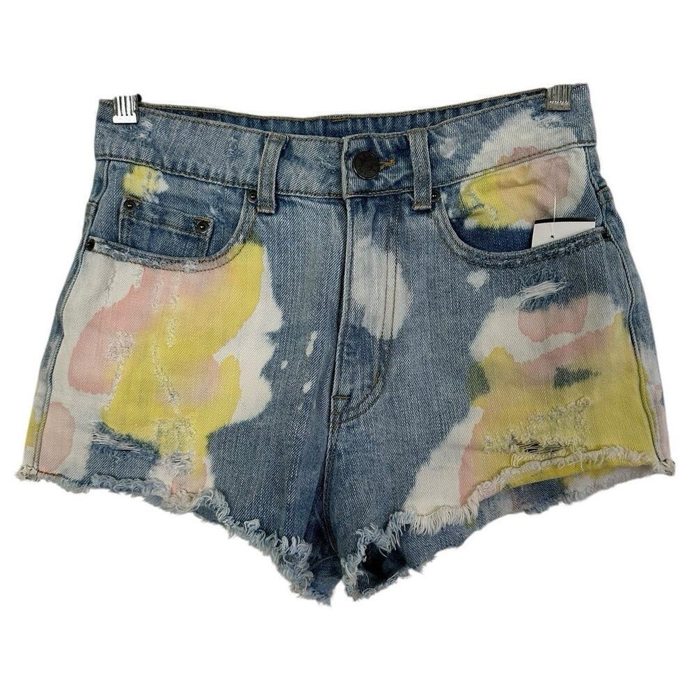 BDG Urban Outfitters High Rise Distress Dree Cheeky Shorts Size 25W Blue Jean